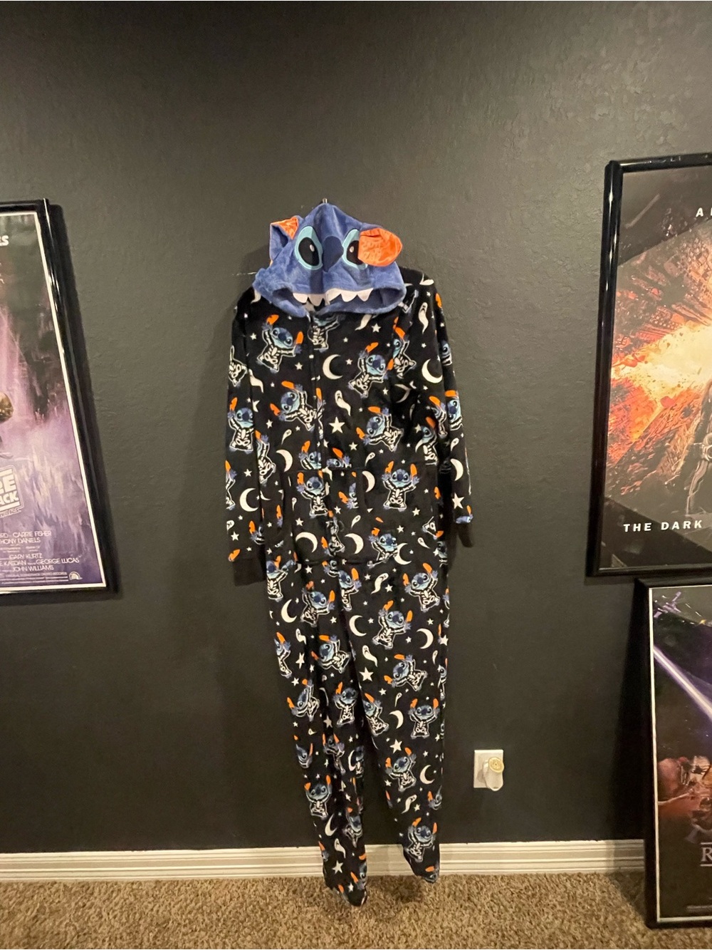 Disney Stitch Black & Blue Hooded Fleece Pajama Onesie with Orange Accents